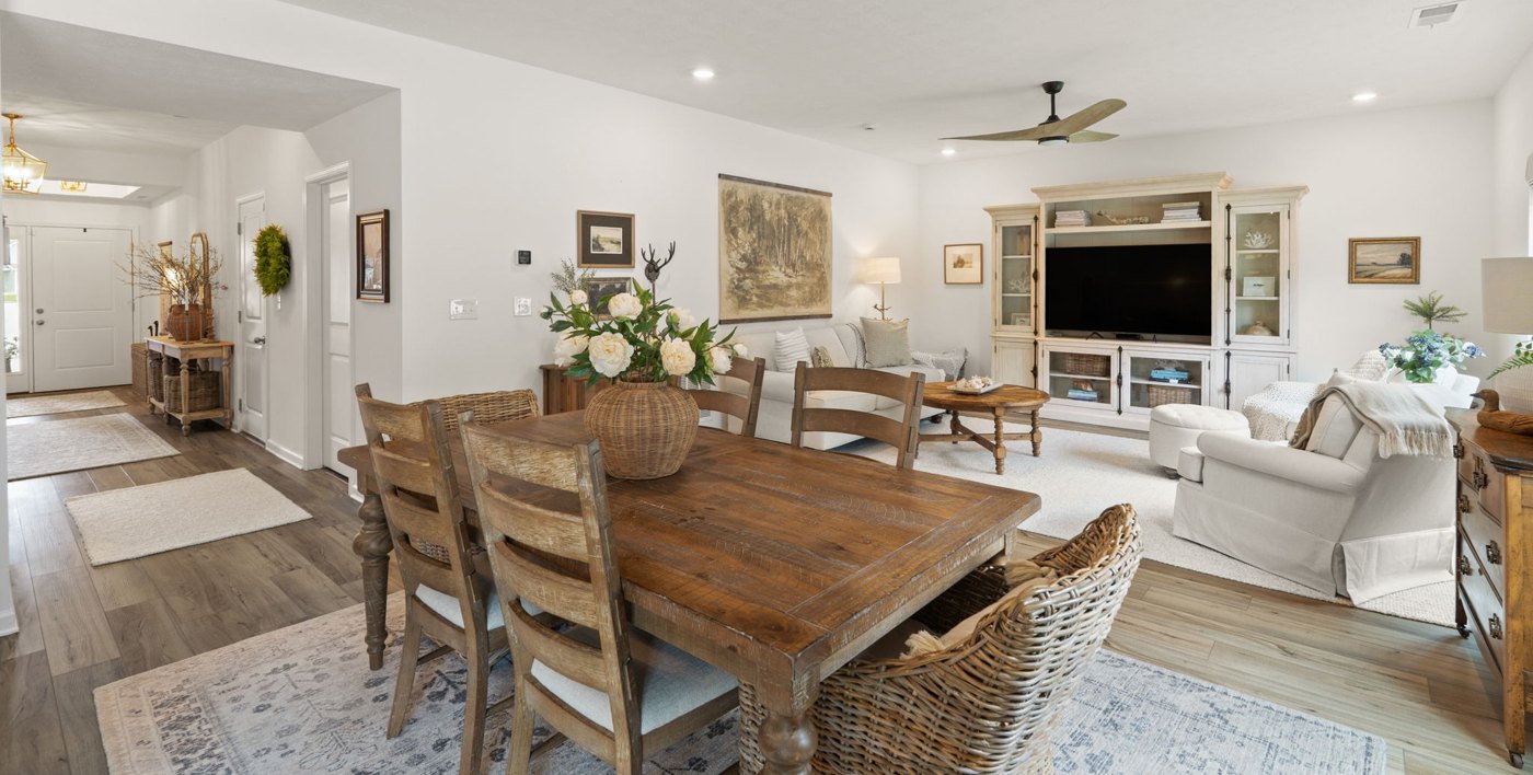 Bright, open living and dining room in a Floyds Knobs home